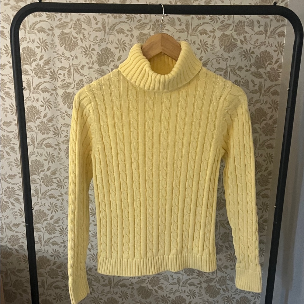 L.L. Bean Cable Knit Turtleneck Sweater in Pale Yellow